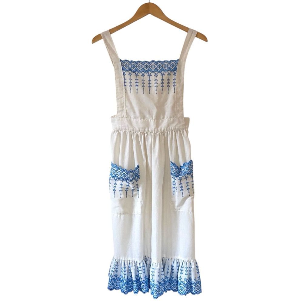 Pinafore Apron Ivory White with Blue Embroidered Trim Cottagecore Made in USA